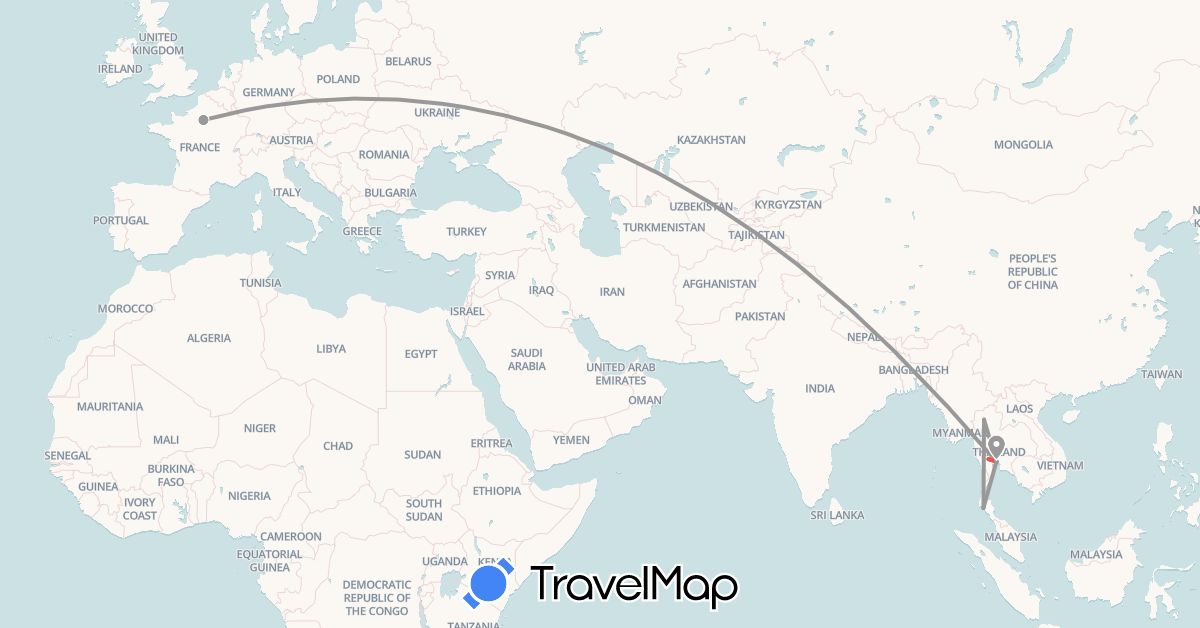 TravelMap itinerary: bus, plane, hiking in France, Thailand (Asia, Europe)
